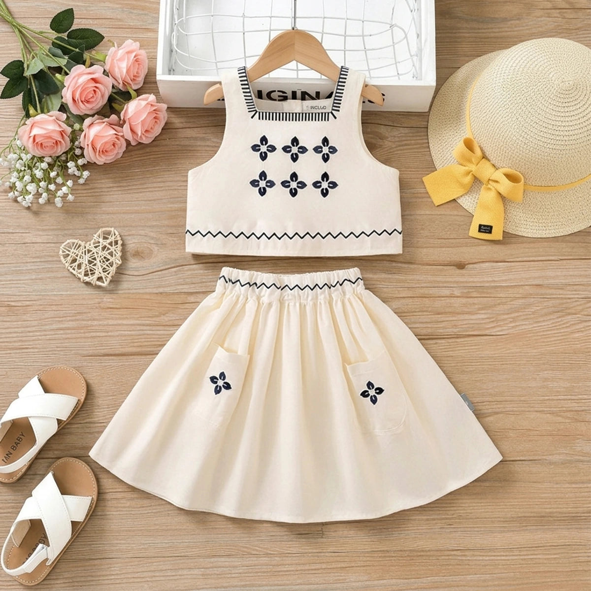 Girls Off White Sleeveless Embroidered Top With Skirt Sets Sets Off White 2-3 Y