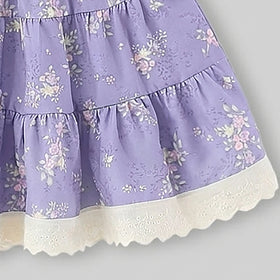 Girls Purple Floral Print Tiered A-line Dress Casual Dresses