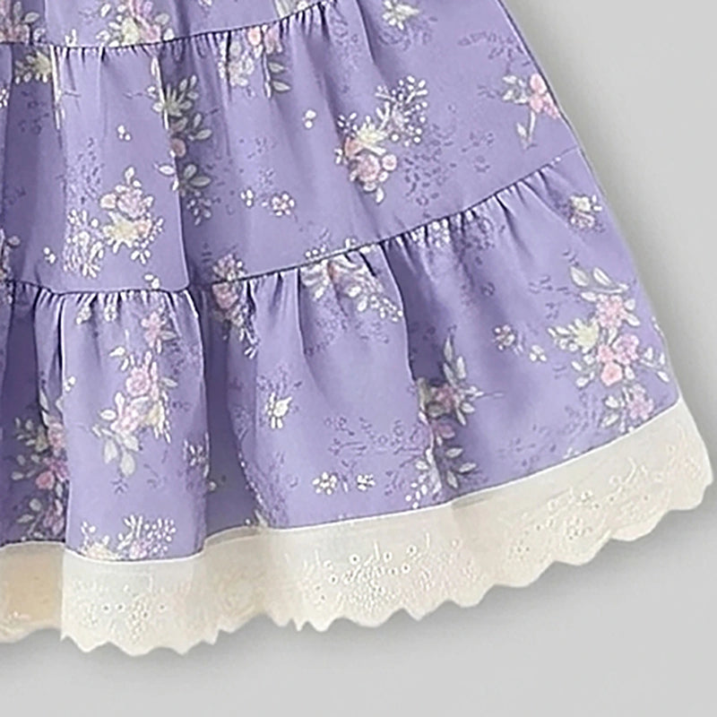 Girls Purple Floral Print Tiered A-line Dress Casual Dresses