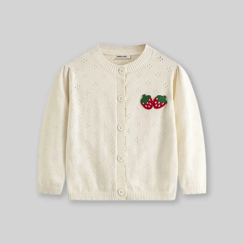 Girls Off White Strawberry Embroidered Long Sleeves Cardigan Sweaters & Cardigans