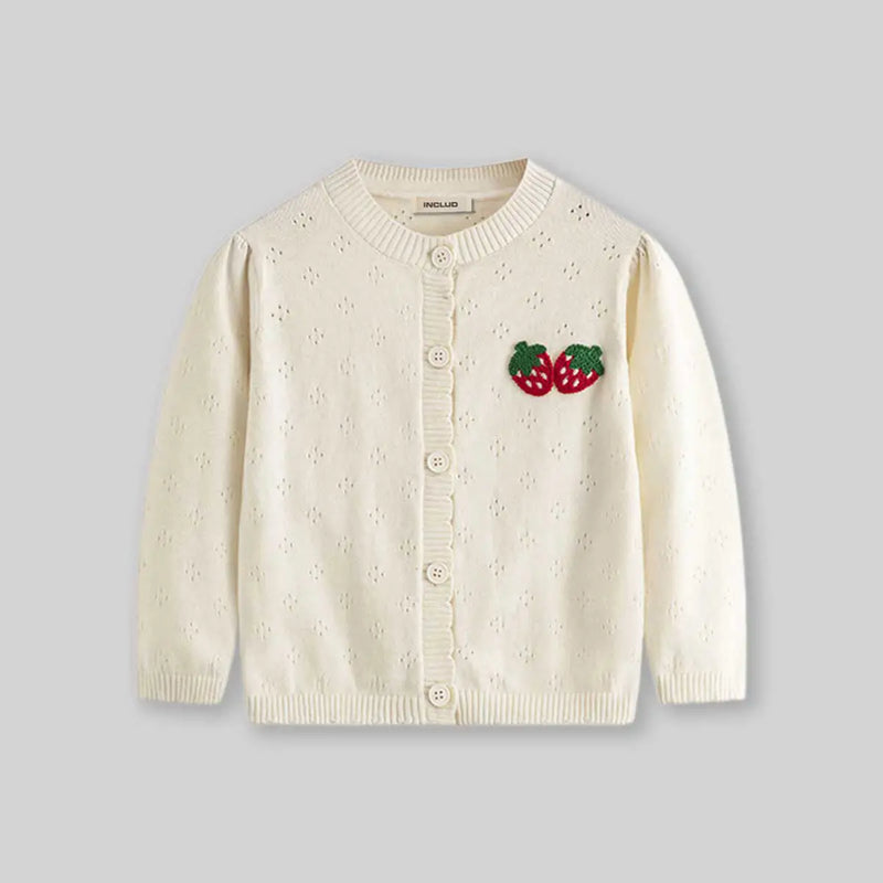 Girls Off White Strawberry Embroidered Long Sleeves Cardigan Sweaters & Cardigans
