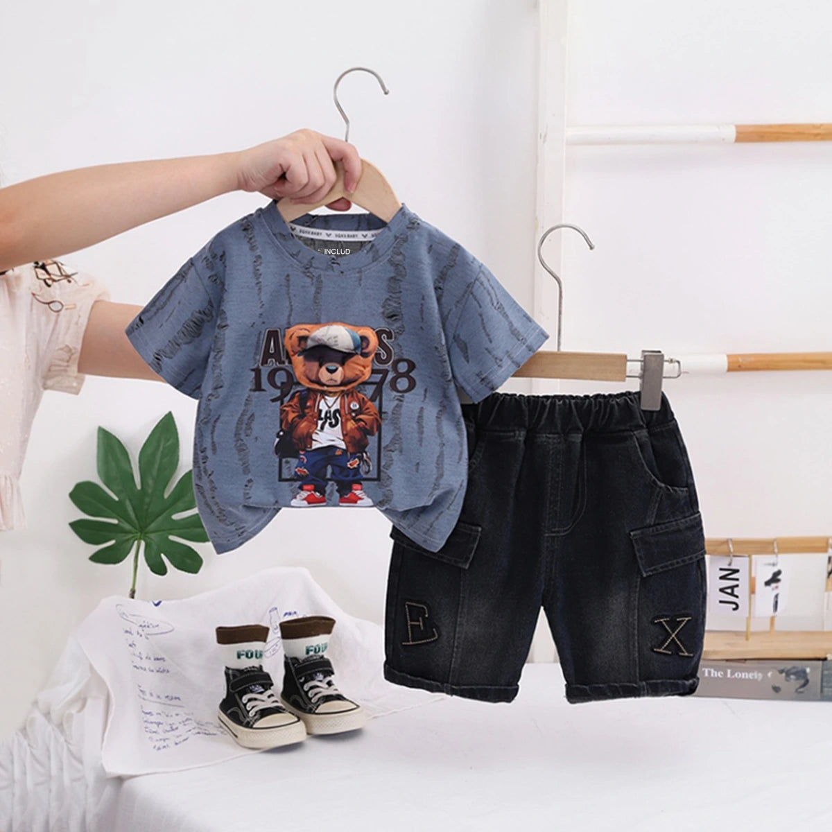 Boys Blue Bear Graphic Short Sleeve T-Shirt With Denim Shorts Sets 2 pc. Sets Blue 1-2 Y