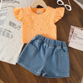 Girls Orange Pearl Embellished Top With Denim Shorts Set Sets Orange 2-3 Y