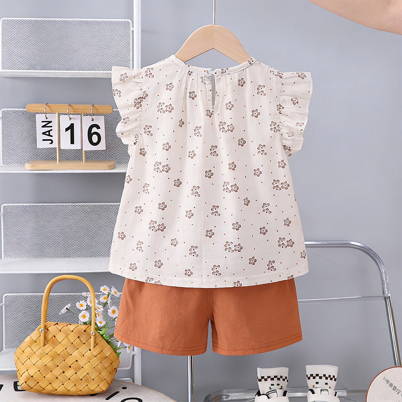 Girls Brown Floral Print Bow Applique Top With Shorts Set Sets