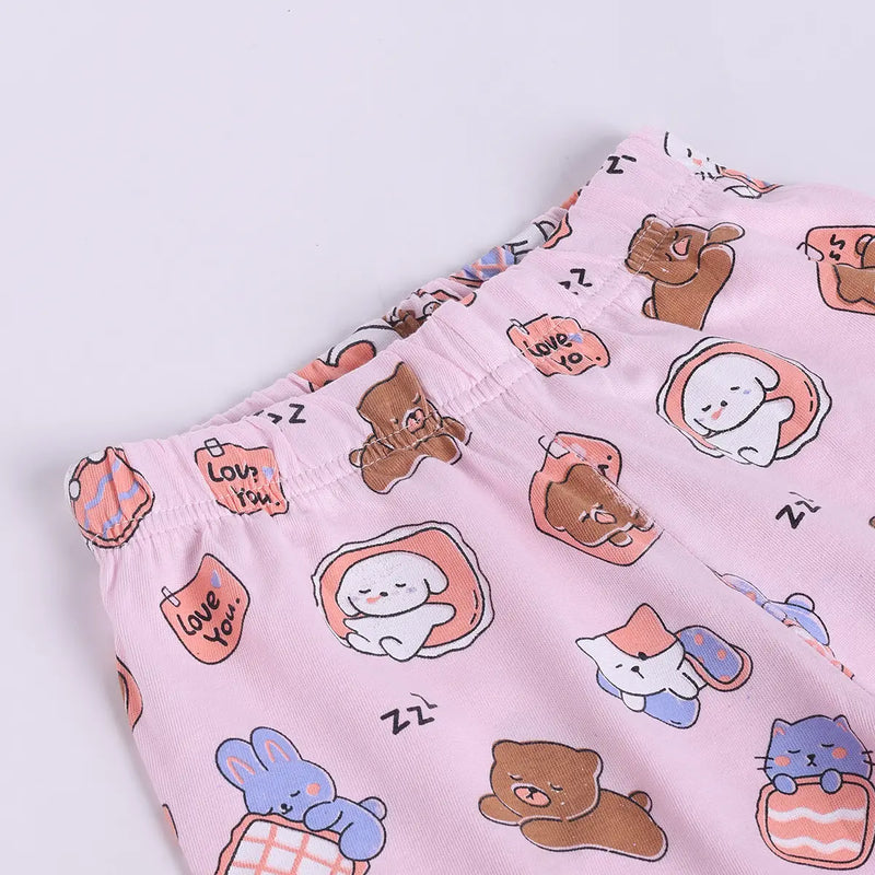 Girls Pink Bear Print Short Sleeve Shirt With Elasticated Pants Sets Sets