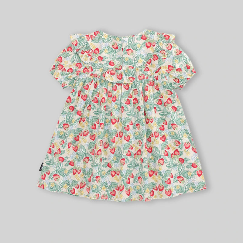Girls Light Green Strawberry Embroidery A-line Dress Casual Dresses
