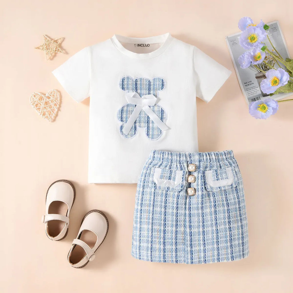 Girls Blue Teddy Bear Applique Short Sleeve T-Shirt With Skirt Sets 2 pc. Sets Blue 1-2 Y