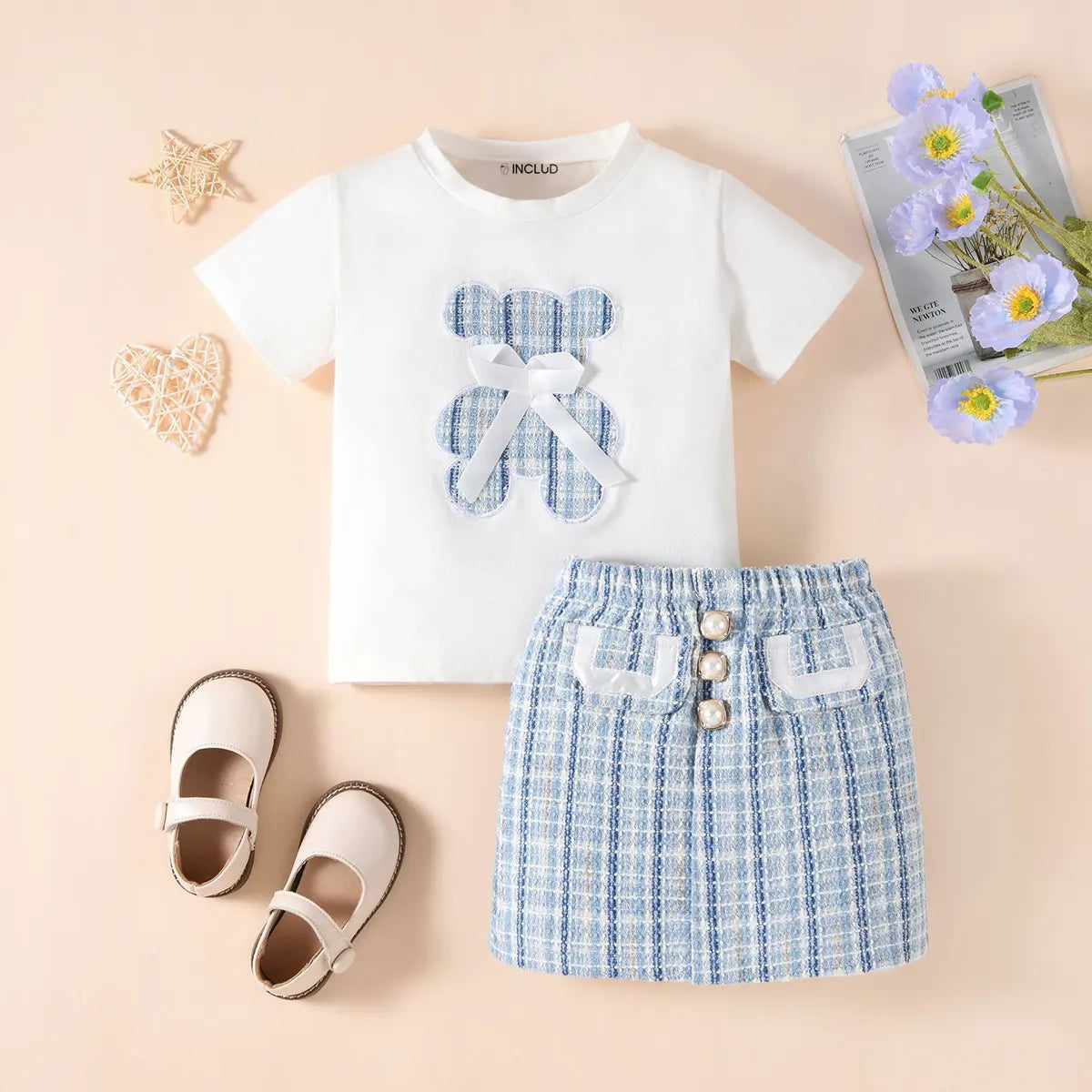Girls Blue Teddy Bear Applique Short Sleeve T-Shirt With Skirt Sets 2 pc. Sets Blue 1-2 Y