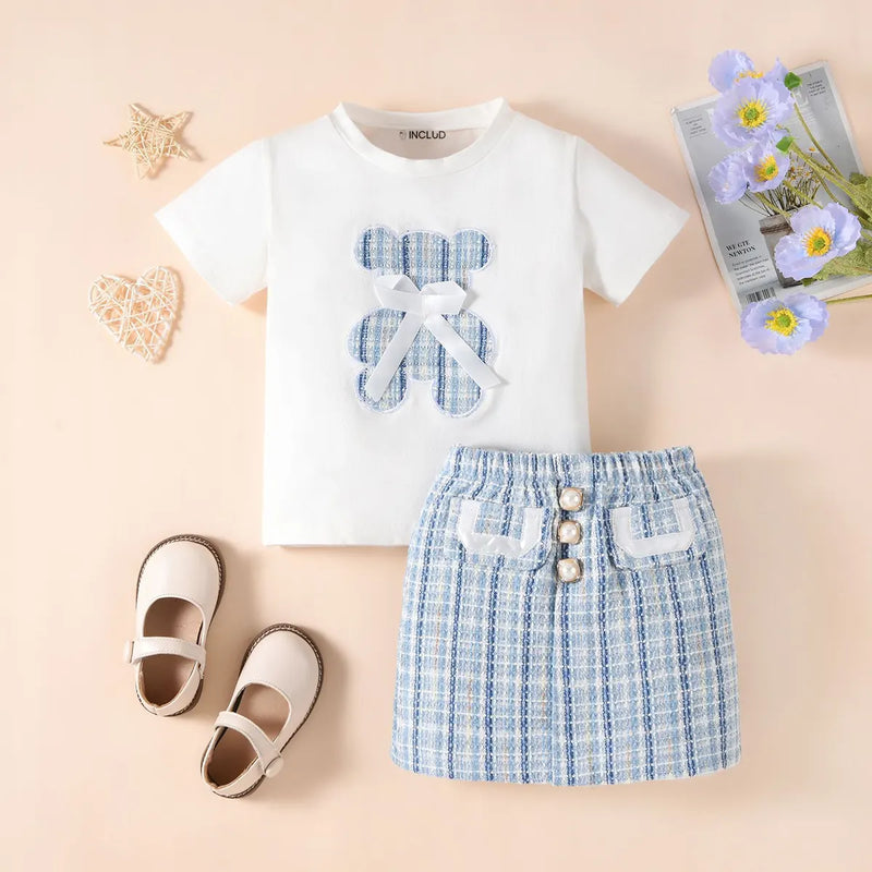 Girls Blue Teddy Bear Applique Short Sleeve T-Shirt With Skirt Sets 2 pc. Sets Blue 1-2 Y