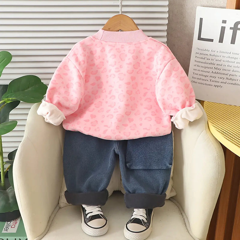 Boys Pink Typographic Regular Sweatshirt With Denim Trousers Sets 2 pc. Sets