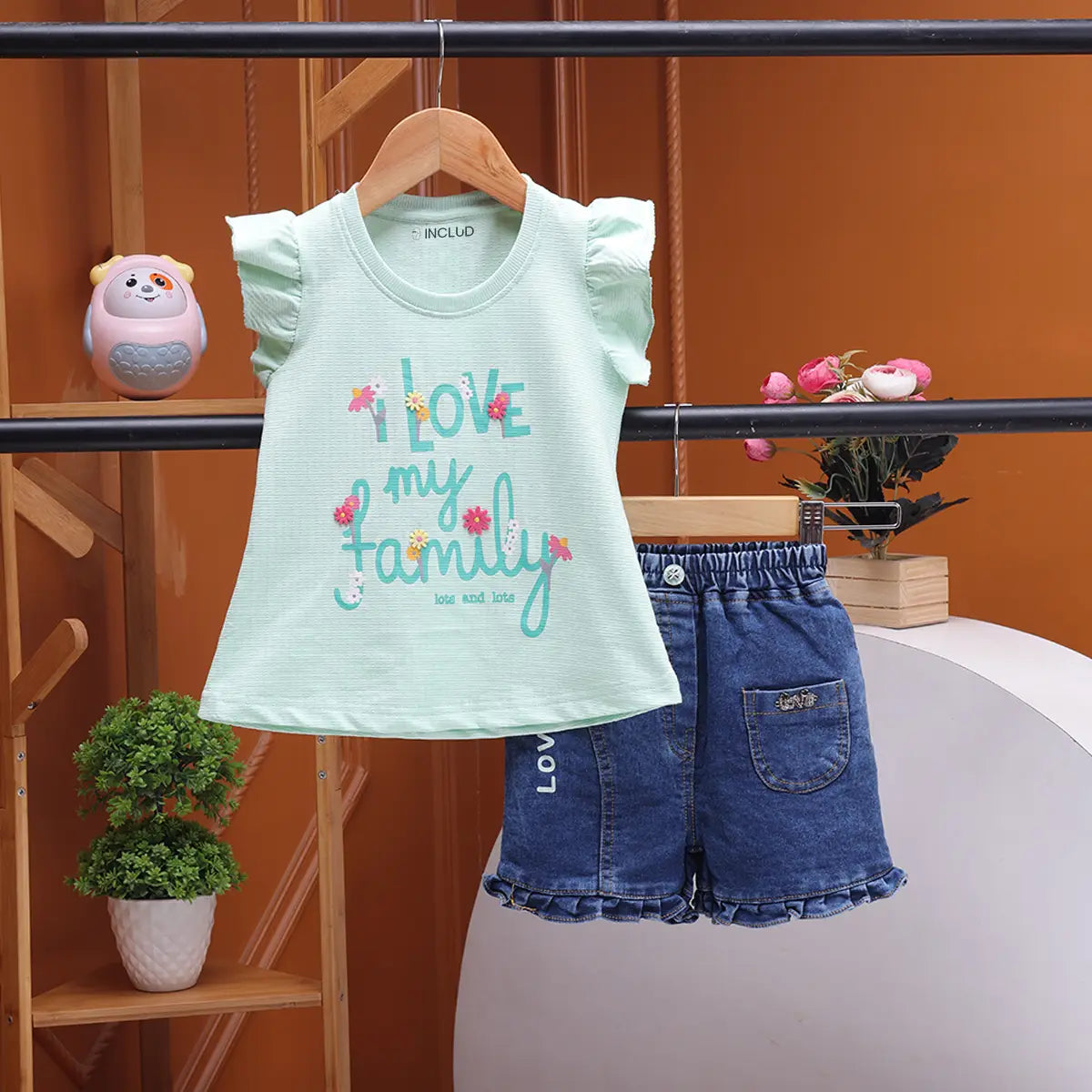 Girls Light Green Typographic Printed Top With Denim Shorts Sets 2 pc. Sets Light Green 9-12 M