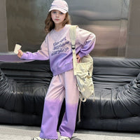 Girls Purple Typographic Printed Sweatshirt With Flared Pants Winter Co-ord Set 2 pc. Sets