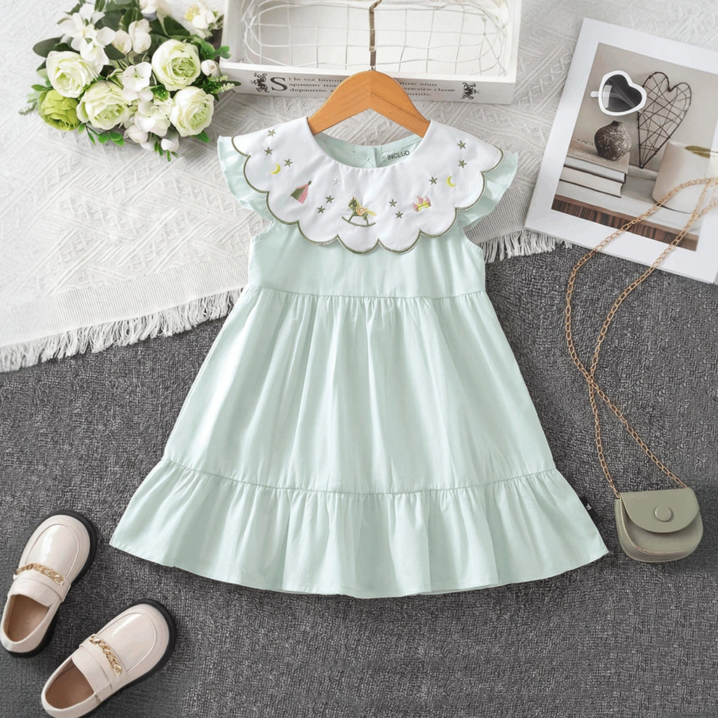 Girls Light Green Embroidered Sleeveless Tiered Dress Casual Dresses Light Green 1-2 Y