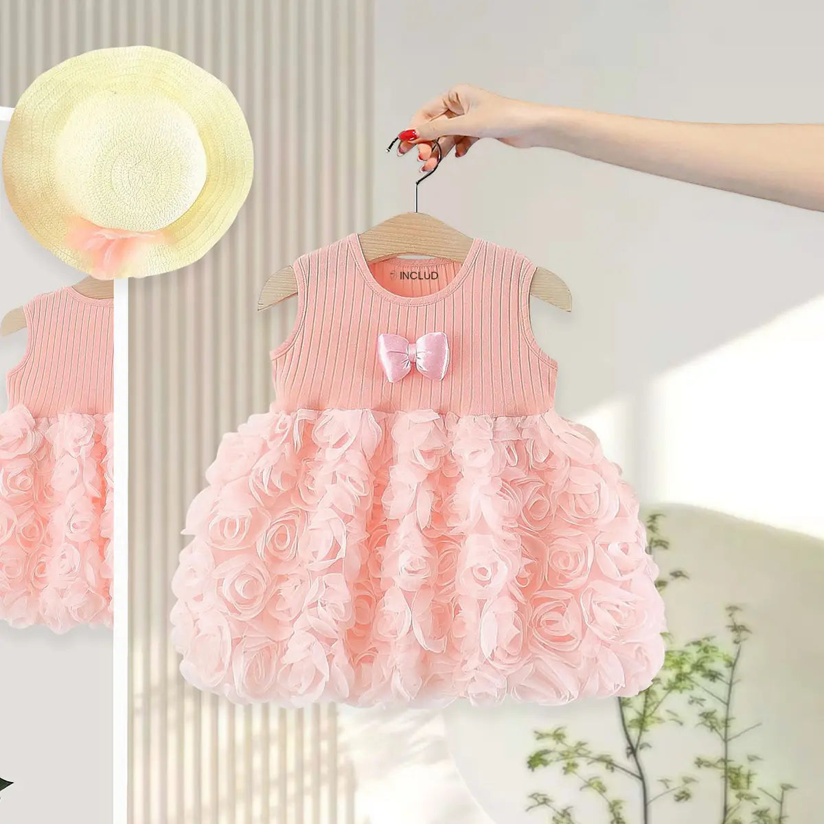 Girls Pink Sleeveless Rosette Princess Tutu Dress Casual Dresses Pink 1-2 Y