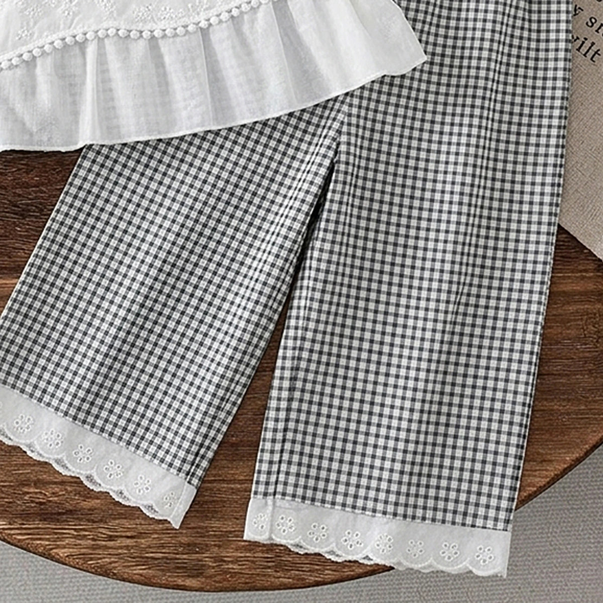 Girls White Self-Design Peplum Top With Checkered Pants Sets 2 pc. Sets
