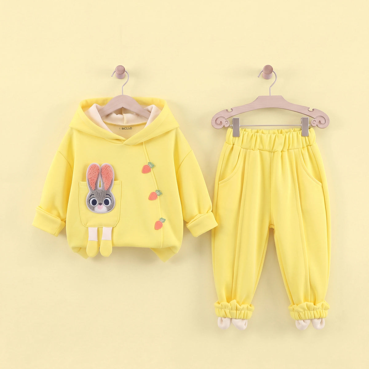 Girls Yellow Solid Rabbit Applique Hooded Sweatshirt With joggers Set 2 pc. Sets Yellow 1-2 Y