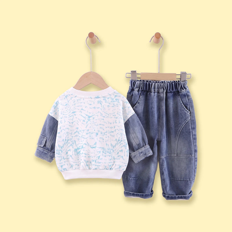 Boys White Abstract Print Sweatshirt With Denim Pants Sets 2 pc. Sets