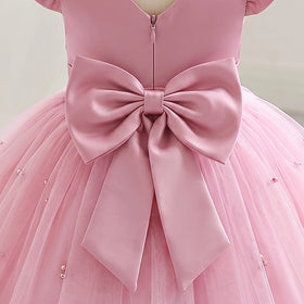 Girls Pink Pearl-Embellished Flutter Sleeve Fit & Flare Dress Casual Dresses