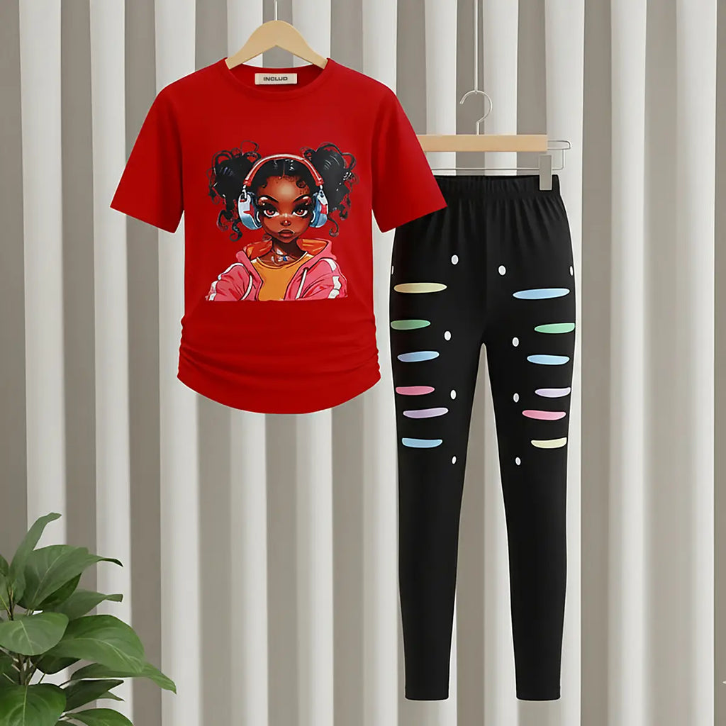 Girls Red Graphics Short Sleeves T-Shirt With Distressed Printed Legging Sets Sets Red 7-8 Y