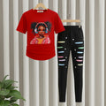 Girls Red Graphics Short Sleeves T-Shirt With Distressed Printed Legging Sets Sets Red 7-8 Y