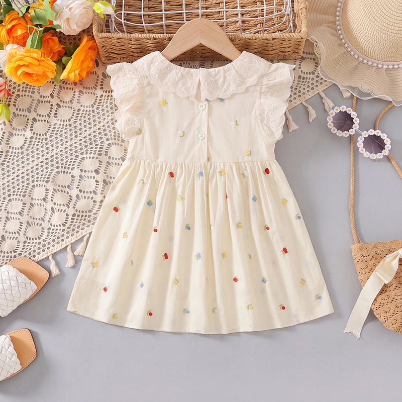 Girls Off White Floral Embroidered Flutter Sleeve A-line Dress Casual Dresses