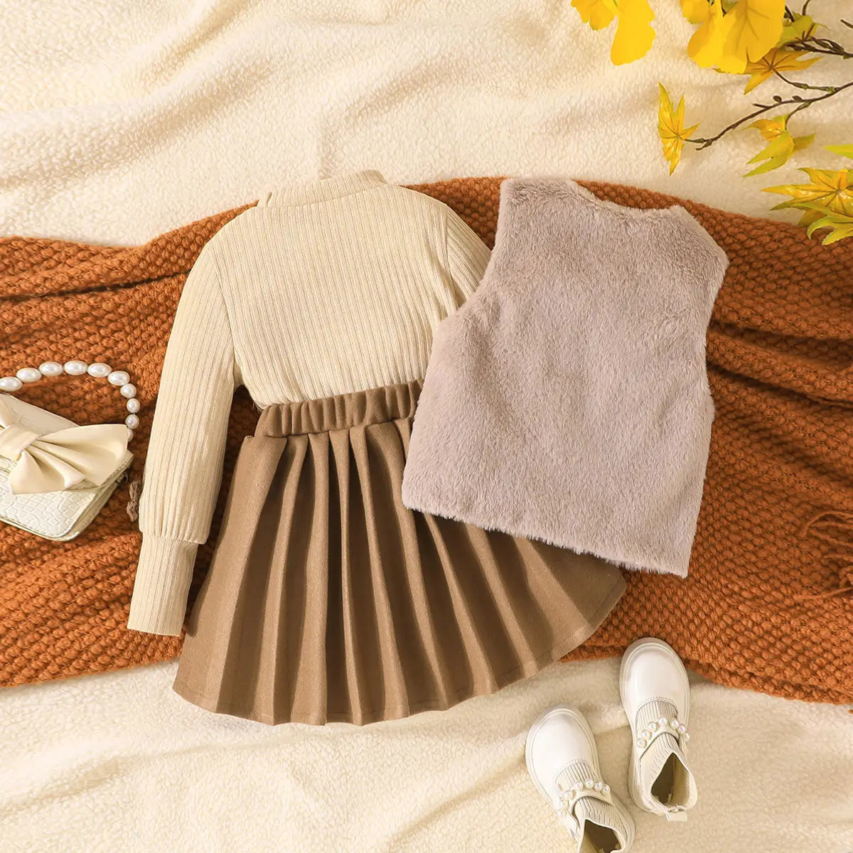 Girls Apricot Solid Top With Sleeveless Jacket & Pleated Skirt Sets Sets