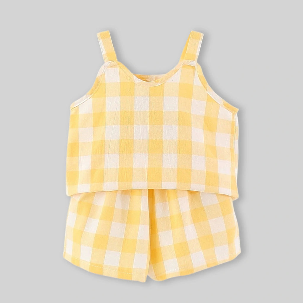 Girls Yellow Checked Button Down Top & Shorts Co-ord Sets Sets