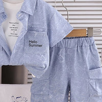 Boys Blue Typographic Printed Shirt With Printed T-shirt And Shorts Sets 3 pc. Sets