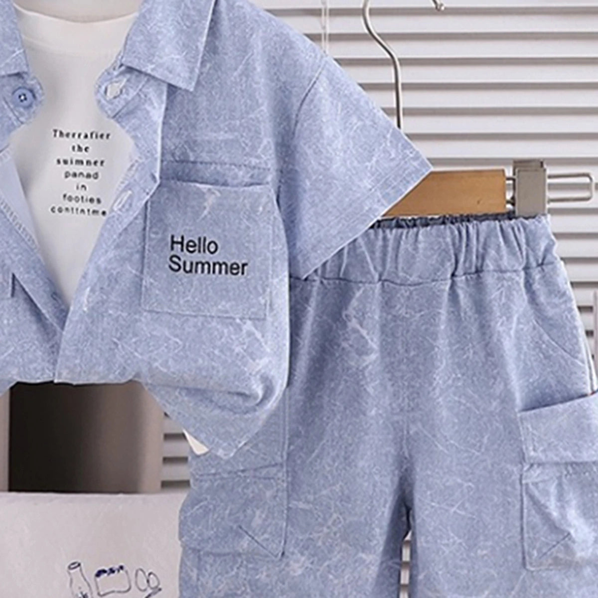 Boys Blue Typographic Printed Shirt With Printed T-shirt And Shorts Sets 3 pc. Sets