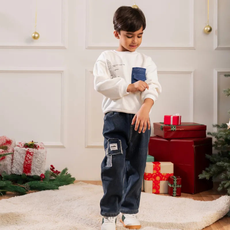 Boys White Typographic Printed Sweatshirt With Denim Pants Set Sets