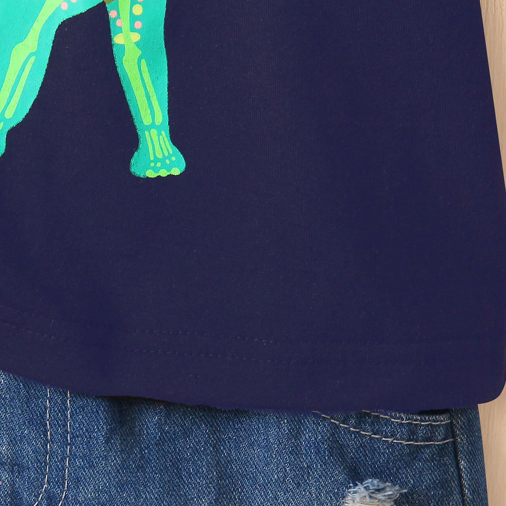 Boys Navy Blue Dinosaur Graphic Short Sleeves Round Neck T-Shirt Tshirts