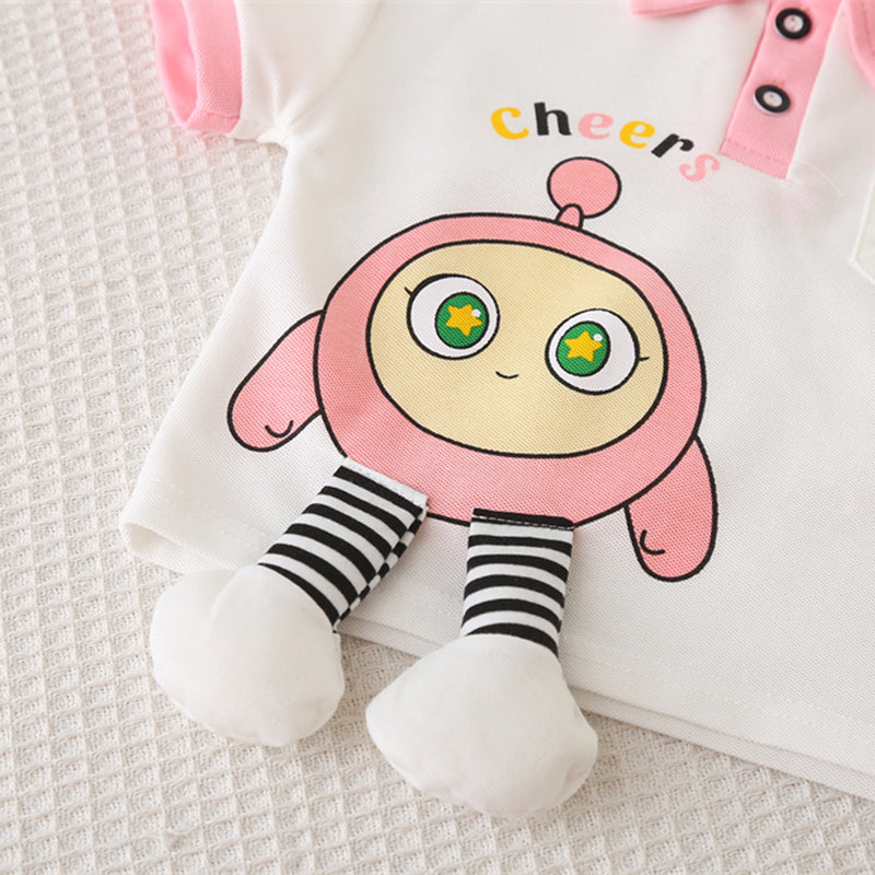 Boys Pink Cartoon Printed Applique Short Sleeves Polo T-Shirt With Shorts Set 2 pc. Sets