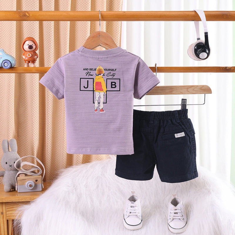 Boys Purple Applique Printed T-Shirt With Twill Shorts Sets 2 pc. Sets