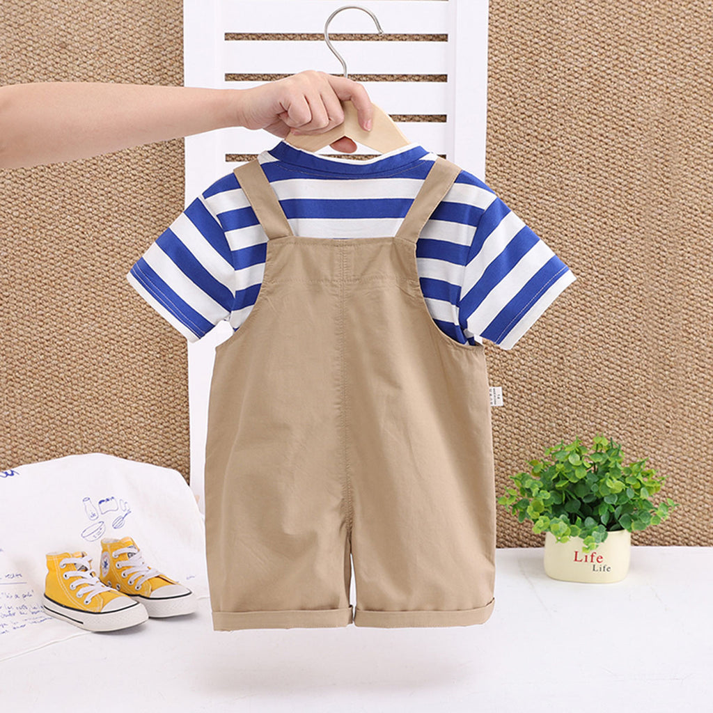 Boys Blue Stripes Short Sleeve T-Shirt And Dungaree Set With Teddy Applique 2 pc. Sets