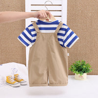 Boys Blue Stripes Short Sleeve T-Shirt And Dungaree Set With Teddy Applique 2 pc. Sets
