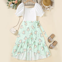 Girls White Puff Sleeve Top With Printed Asymmetric Skirt Set 2 pc. Sets White 8-9 Y