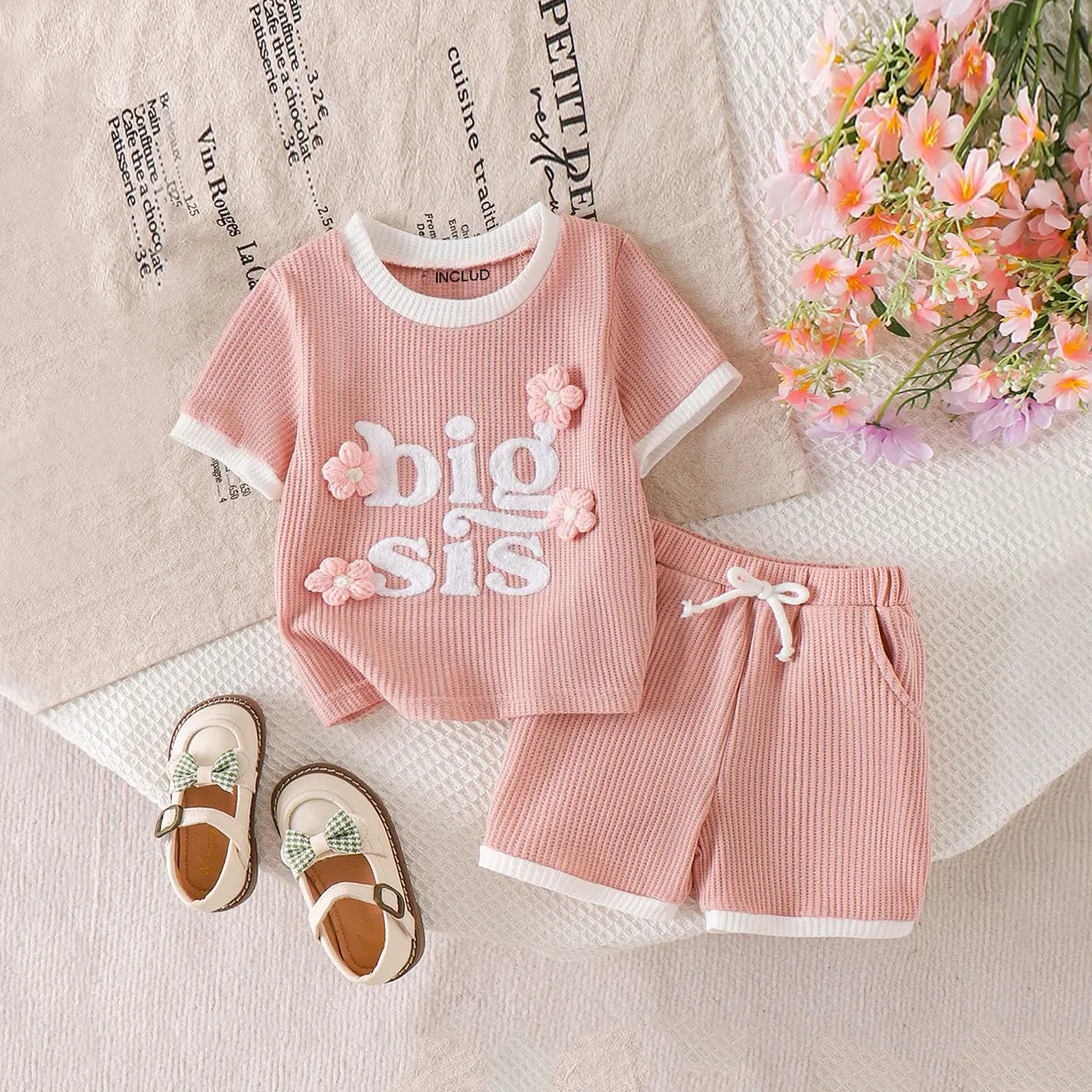 Girls Peach Floral Applique Short Sleeve T-Shirt With Shorts Sets 2 pc. Sets Peach 1-2 Y