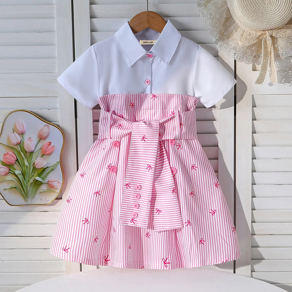 Girls Pink Stripes Short Sleeves Shirt Dress Casual Dresses Pink 3-4 Y