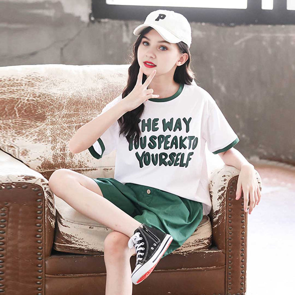 Girls Short Sleeve Typography Print T-Shirt With Shorts Set 2 pc. Sets   