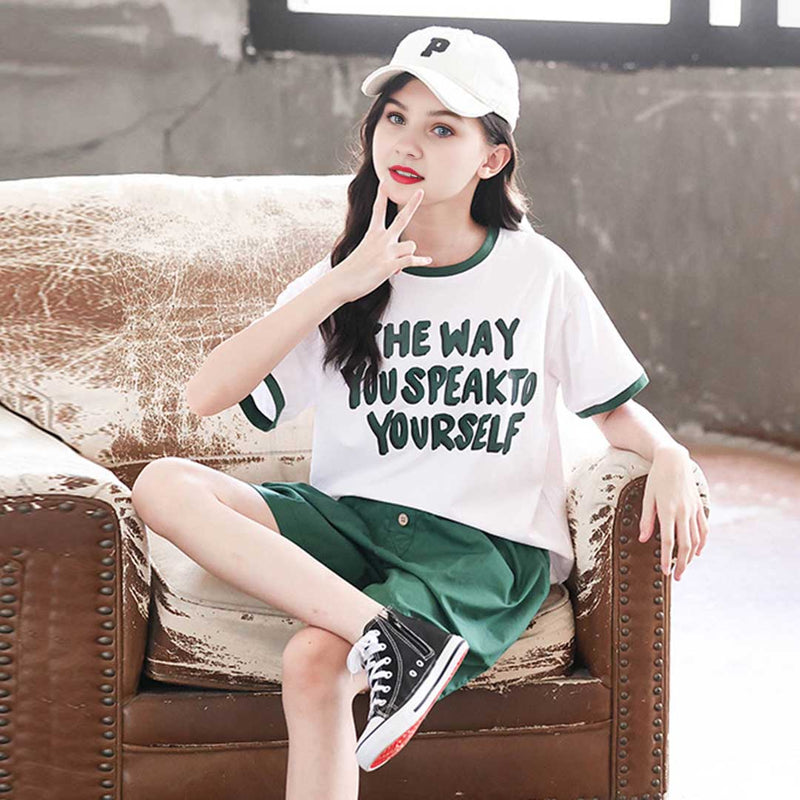 Girls Short Sleeve Typography Print T-Shirt With Shorts Set 2 pc. Sets   