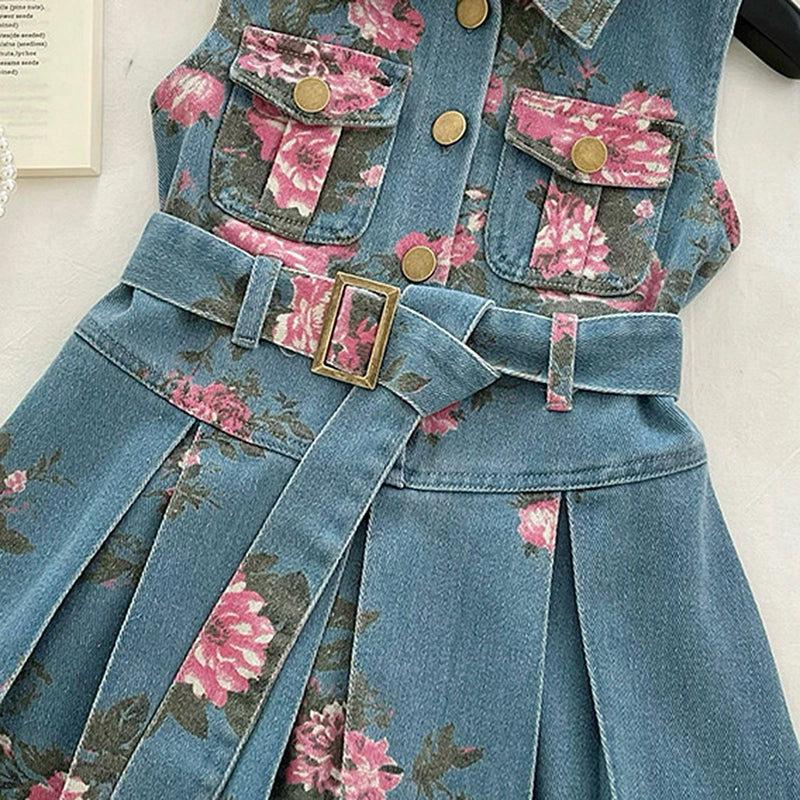 Girls Light Blue Floral Print Sleeveless Denim Shirt Dress Casual Dresses