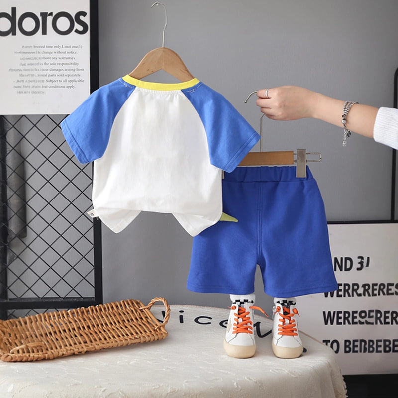 Boys Blue Dinosaur Cartoon Print T-Shirt With Shorts Set Sets
