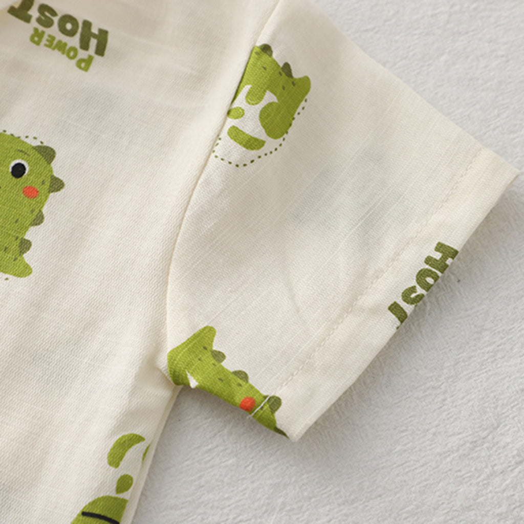 Boys Green Dino Printed Shirt With attached Tie & Shorts Set Sets