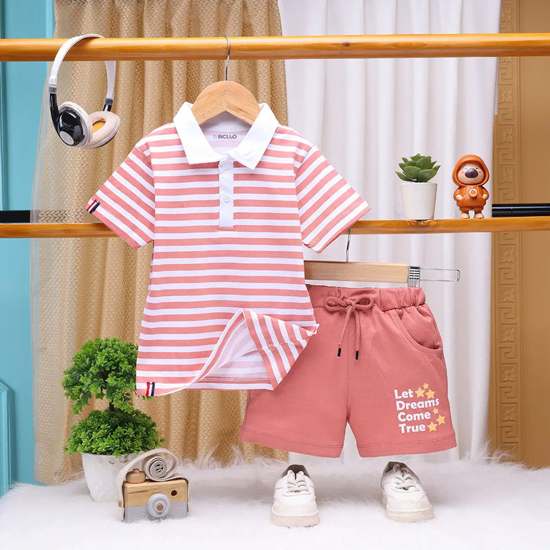 Boys Pink Striped Short Sleeve Polo T-Shirt With Shorts Sets 2 pc. Sets Pink 6-12 M