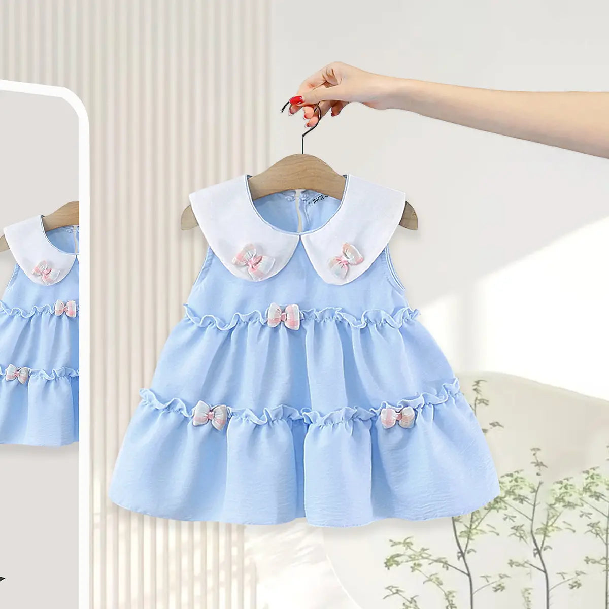 Girls Light Blue Peter Pan Collar Tiered Dress With Bow Details Casual Dresses Light Blue 1-2 Y