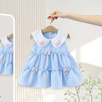 Girls Light Blue Peter Pan Collar Tiered Dress With Bow Details Casual Dresses Light Blue 1-2 Y