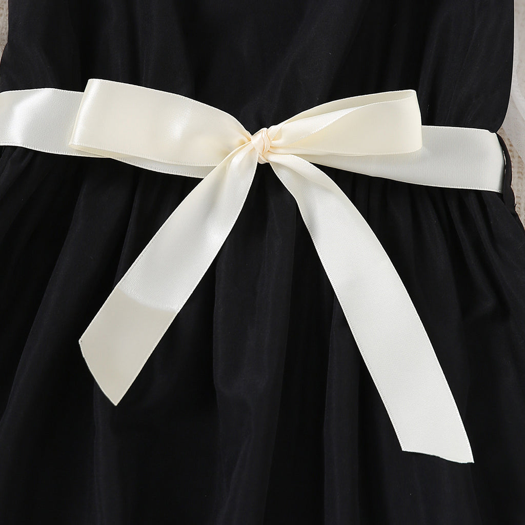 Girls Black Skater Dress with Sheer Sleeves & Sateen Belt Casual Dresses