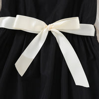 Girls Black Skater Dress with Sheer Sleeves & Sateen Belt Casual Dresses