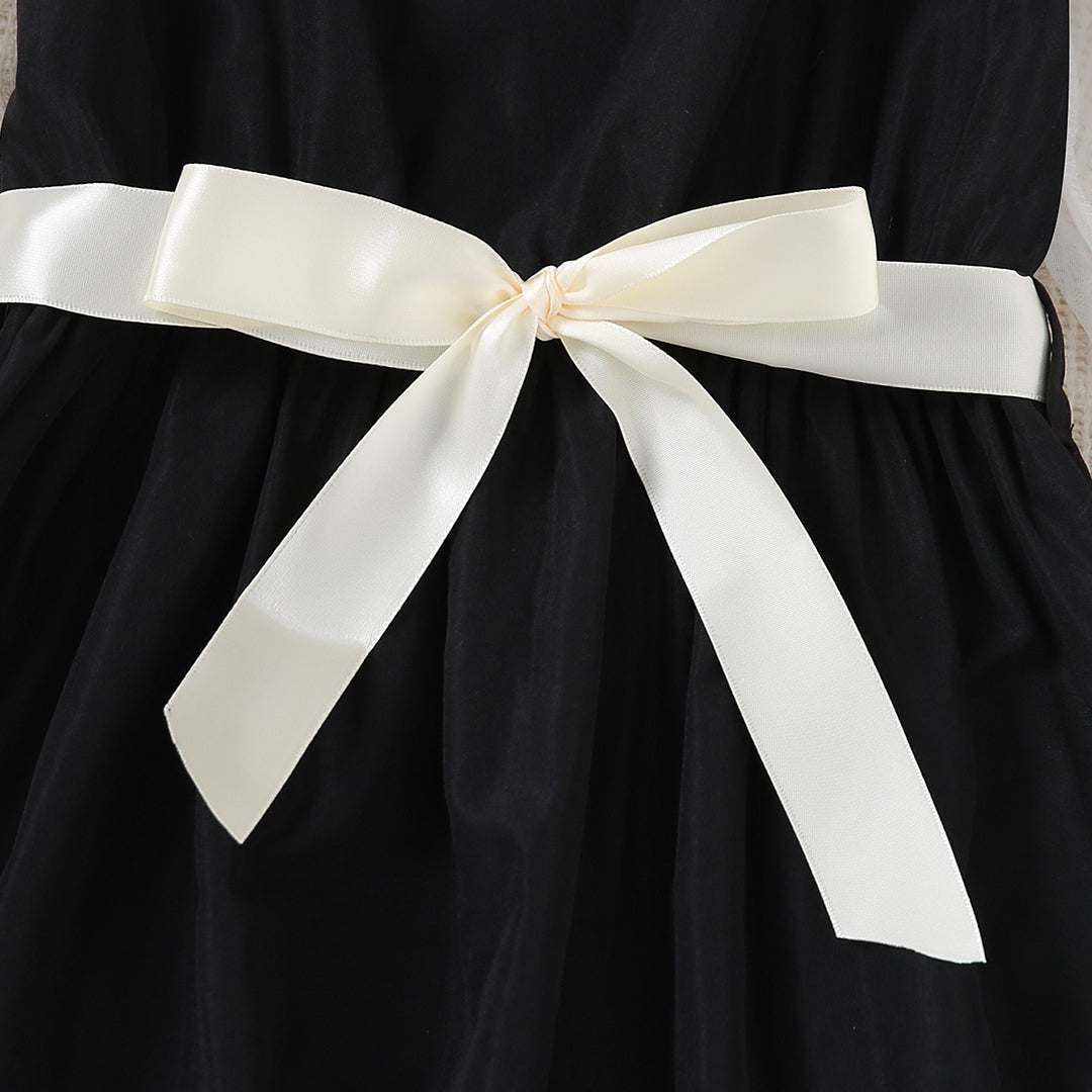 Girls Black Skater Dress with Sheer Sleeves & Sateen Belt Casual Dresses