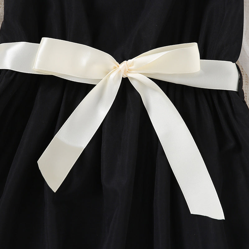 Girls Black Skater Dress with Sheer Sleeves & Sateen Belt Casual Dresses